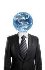 Businessman in dark suit with  the Earth instead of head