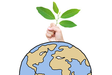 hands, the young sprout and our planet Earth