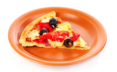 Pizza with olives on plate isolated on white
