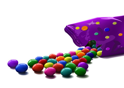 colorful shiny candies scattered  from package