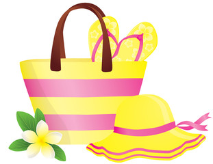 Fashion summer accessories, hat, bag and flip-flops.