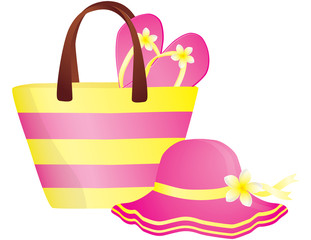 Fashion summer accessories, hat, bag and flip-flops.