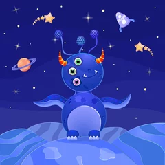 Papier Peint photo Lavable Créatures Alien bleu debout sur la planète dans un espace ouvert. Illustration vectorielle