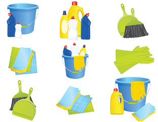 Plastic bucket with cleaning supplies, vector