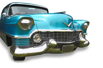 Fotobehang Oldtimers Blauwe klassieke auto op wit