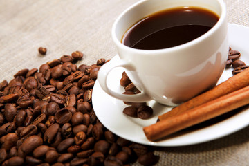 Obraz na płótnie Canvas cup of coffee with tubes of cinnamon