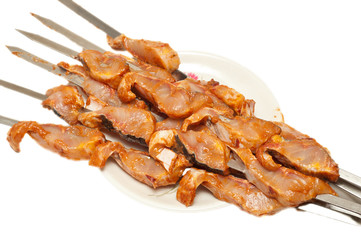 Sturgeon fillets on a skewer, marinated and ready for bbq - obrazy, fototapety, plakaty