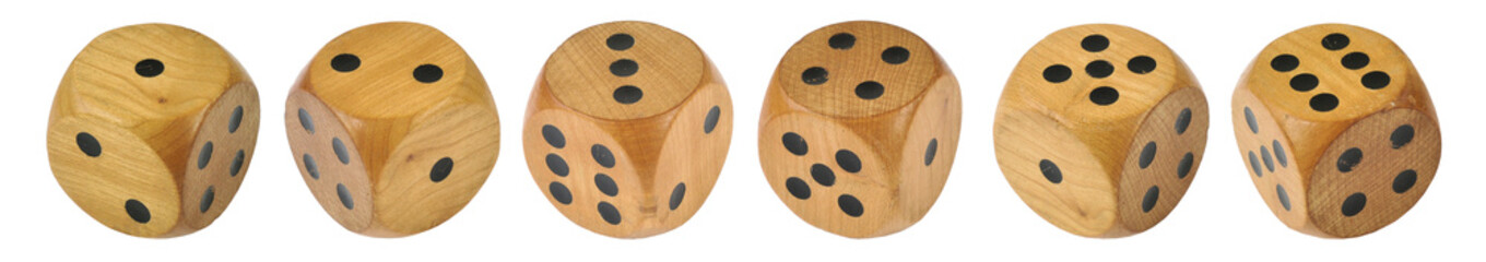 6 Retro wooden dice, all 6 numbers in a row