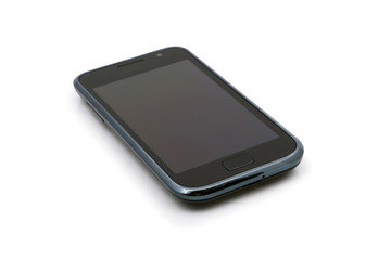 Touch-screen phone device, isolated on a white background.