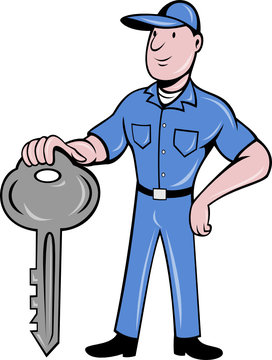 locksmith standing with key cartoon style