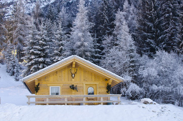 Snowy Landscape of Dolomites Mountains during Winter