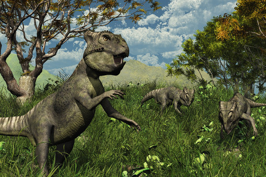 Three Archaeoceratops Dinosaurs Exploring - 3d render