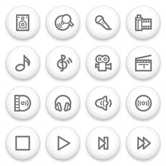 Audio video icons on white buttons.