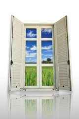 Landscape behind white wooden window frame