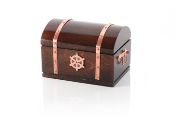 Closed wooden chest with reflection