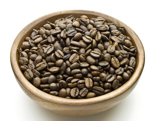 Coffee beans in wooden bowl isolated on white