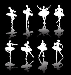 eight white ballet dancers with reflections