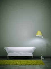 Weisses Sofa mit grünem Teppich