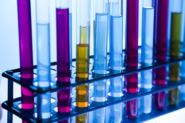 Laboratory glassware containing colorful liquid