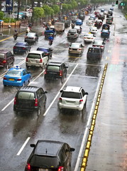 Rainy traffic jam