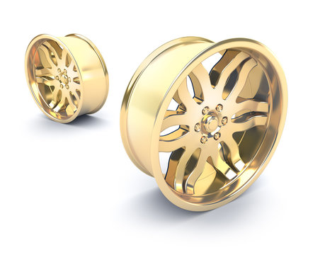 Gold Car Rims Concept. Isolated On White