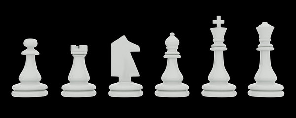 White chess pieces isolated on black background