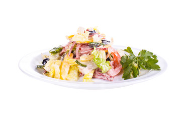 Lettuce, ham, bacon, and vegetables.