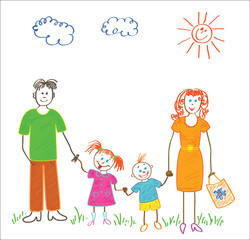 Happy family walks on nature.