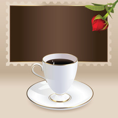 Vintage card with coffee mug and heart shaped rose