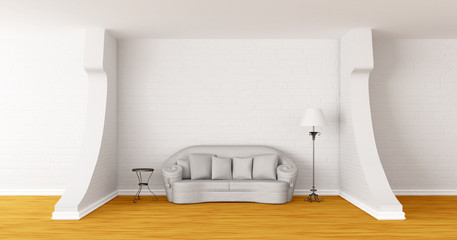 White couch, table and standard lamp in modern gallery