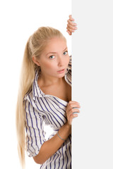 Woman with blank board banner