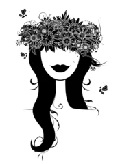 Rideaux velours Femme fleurs Silhouette de tête de femme avec couronne de fleurs