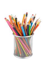 holder basket full of pencils isolated on white