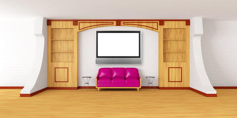 bookcase with  couch, tables and lcd tv in modern interior