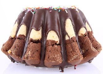 Bundt Cake, covered with chocolate and sprinkles