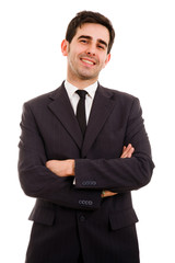 Happy smiling young business man on white background