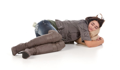 young woman with shopping and cash