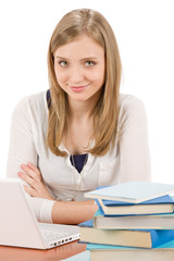 Student teenager woman with laptop book