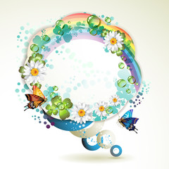 Abstract background with butterflies, flowers and drops of water