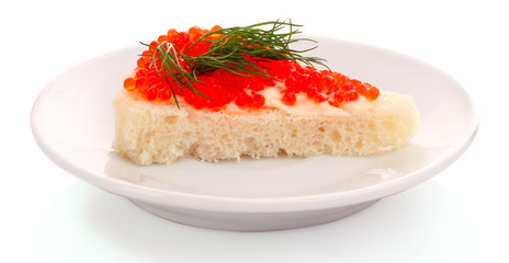 Red caviar and bread isolated on white