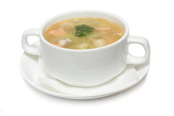 Soup with seafood isolated on white