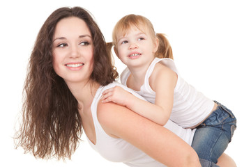 Happy mother and daughter playing on the white background