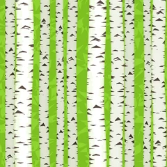 Fototapete Vögel im Wald nahtlose Birkenstämme Illustration als Frühling Textur Hintergrund