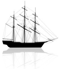 Black old ship isolated on white background
