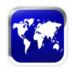 icône mappe monde sur bouton carré bleu
