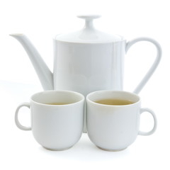 White tea set isolated on white background