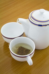 Tea beverage set on wooden table