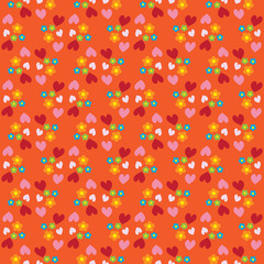 Seamless pattern with hearts and flowers in bright colors