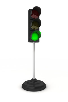 Green traffic light over white background