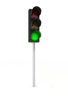 Green traffic light over white background